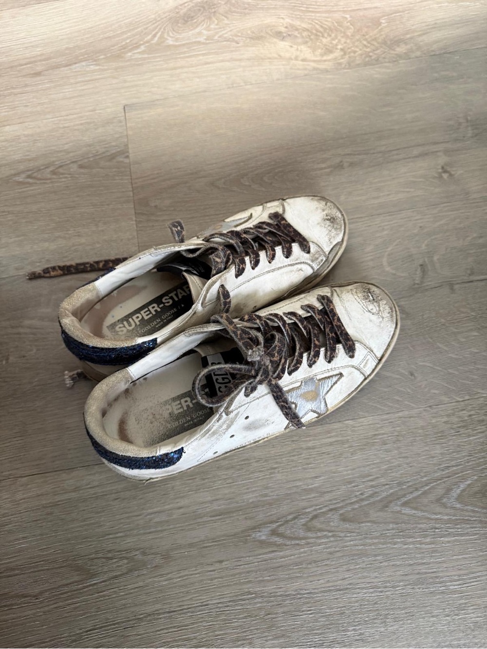 Golden Goose White Leather Sneakers with Navy Heel and Brown Laces
